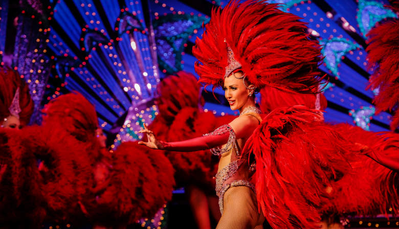 Dancers during a dinner show at the Moulin Rouge