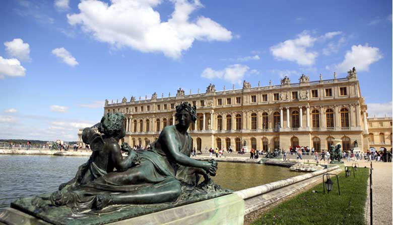 Panoramic view of Versailles palace from the gardens