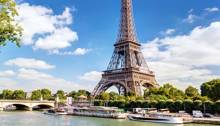 View of the Eiffel Tower from a Seine river cruise in Paris